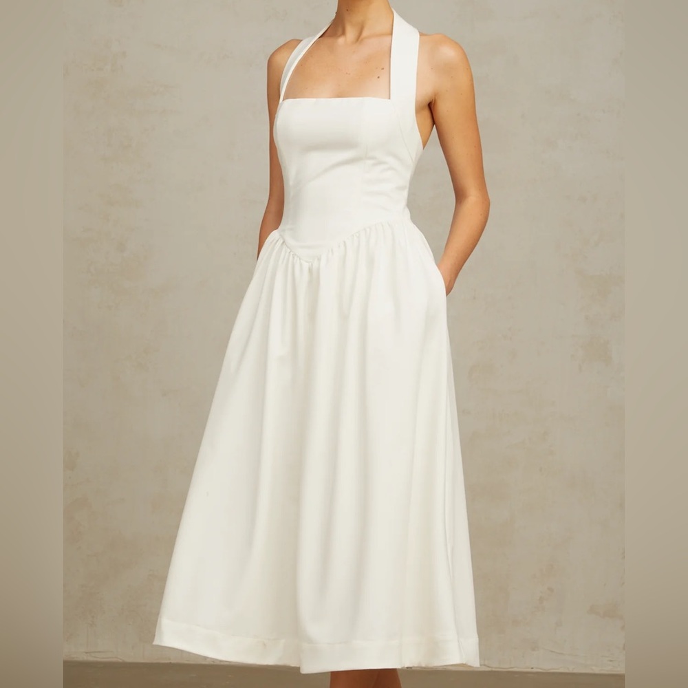 Miss Rosier Alizée halterneck pleated midi dress in White